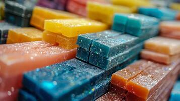 A variety of handcrafted soap bars in different colors and sizes fill a marketplace. The glistening surfaces reflect light, showcasing artistic designs that attract potential buyers. photo
