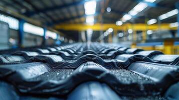 A close up view of roof tiles arranged neatly on a production line in a busy factory, highlighting the intricate designs and textures while machinery and workers are in motion. photo