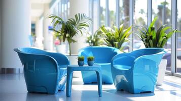 Three striking blue lounge chairs surround a small table, complemented by vibrant green plants, in a well lit modern interior reflecting a welcoming atmosphere. photo