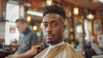 A young man sits in a barbershop chair, wearing a cape, as a barber works in the background. The shop is lively, filled with vintage decor and warm lighting. photo