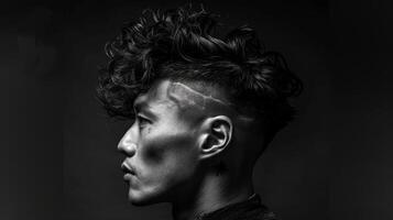 A close up of a man showcasing a striking curly hairstyle complemented by a buzzed side and intricate shaved designs. The dim lighting emphasizes facial features and hairstyle. photo