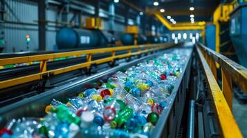 Plastic bottles are being sorted on a conveyor belt in a recycling facility. Workers oversee the process, ensuring efficient separation for future reuse and sustainability in waste management. photo