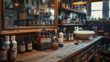 A well organized grooming area features a wooden counter adorned with various grooming products and tools. Soft lighting enhances the vintage atmosphere, inviting relaxation and care. photo