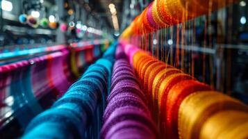 Vibrant threads in various colors like purple, orange, and blue are meticulously arranged in a textile factory, showcasing the intricate process of fabric production. photo