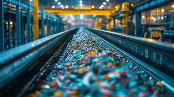A conveyor belt transports a vibrant array of collected materials in a recycling facility, illuminated by overhead industrial lights at dusk. photo