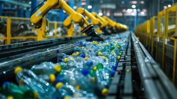 Advanced robotic arms sort plastic bottles on a conveyor belt in a recycling facility, demonstrating efficiency in waste management and environmental sustainability efforts. photo