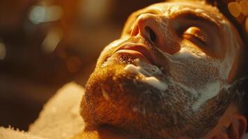 A man enjoys a soothing facial treatment at a spa, with warm lighting creating a calm atmosphere. He is covered in rich foam, immersed in relaxation. photo
