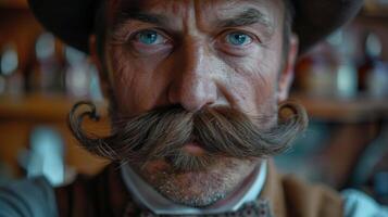A man stands confidently in a retro bar, showcasing a large mustache and vintage clothing. The warm lighting enhances the inviting atmosphere of the establishment. photo