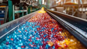 A vibrant collection of colorful candies in shades of blue, red, and yellow is seen cascading down a conveyor belt in a bright workshop setting during daylight. photo