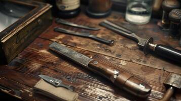A well used workbench displays an array of vintage tools including a wooden handled knife, shears, and other instruments amidst a rustic setting illuminated by natural light. photo