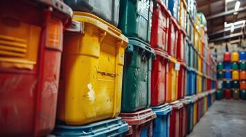 Sturdy, colorful storage bins are neatly stacked in a warehouse, showcasing an organized method of storing different materials and supplies for efficient retrieval. photo