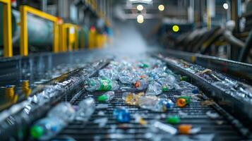Workers sort through plastic waste at a recycling facility. Bottles of different shapes and colors are seen on the conveyor belt as machinery operates smoothly in the background. photo