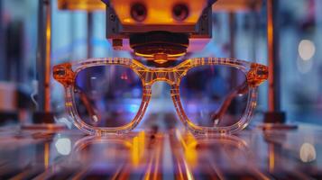 Orange framed glasses are being precisely created under a high tech printer in a factory environment, filled with colorful lights and advanced machinery during the day. photo