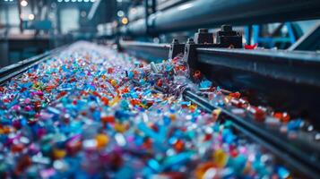 Plastic scraps in various colors are seen flowing on a conveyor belt at a recycling plant. The facility is busy with activity and machinery during the afternoon hours. photo