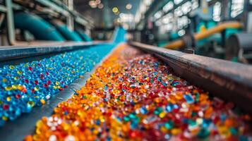 Granules of blue and orange colors are being transported on a conveyor belt in a processing facility. The workspace is illuminated by natural light creating a vibrant atmosphere. photo