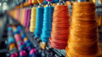 In a textile workshop, spools of thread in various vibrant colors are organized neatly on shelves, illuminated by natural light streaming through windows, creating an inviting atmosphere. photo