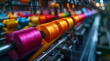 Colorful spools of thread are arranged neatly in a textile factory, showcasing the intricate weaving process as machines spin and create beautiful fibers. photo