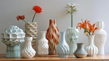 Various uniquely designed vases, featuring intricate patterns in different colors and textures, are arranged on a wooden surface, adorned with fresh flowers to enhance their beauty. photo