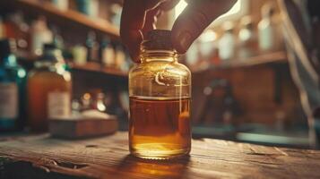 A hand carefully places a cork into a glass bottle filled with golden liquid. The background reveals shelves with assorted jars and bottles illuminated by warm afternoon sunlight. photo