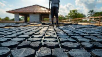 A construction worker is busy laying hexagonal paving tiles on the unfinished floor of a residential building, surrounded by a clear sky and lush greenery. photo