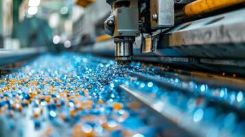 Colorful plastic pellets are scattered on a conveyor belt as a machinery unit shapes and processes them, creating an efficient manufacturing workflow in a factory. photo