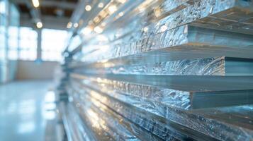 Translucent glass panels are aligned in a contemporary setting, allowing sunlight to create reflections while enhancing the space's modern aesthetic and open feel photo