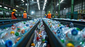 Employees wearing safety vests and helmets work to sort an extensive line of plastic bottles at a recycling center, ensuring proper recycling procedures during daytime hours. photo