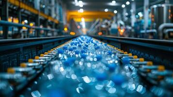 Bottles of water travel along a conveyor belt in a busy factory at night with automated machinery and bright lights illuminating the workspace photo
