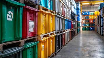 Various recycling bins are stacked in rows within a large warehouse. The colors range from red to yellow, creating a vibrant display, while the interior is bright and open. photo