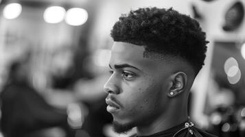 A young man is focused while getting a stylish haircut in a barbershop. The atmosphere is lively, with other clients and barbers engaged in conversation. photo