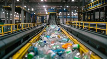 Conveyor belt transports an extensive variety of plastic bottles and containers in a recycling facility, showcasing the process of sorting materials for recycling. photo