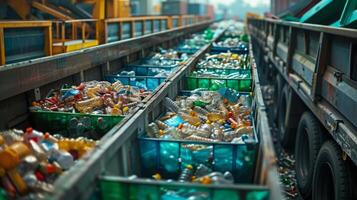 Sorting facility is busy with numerous containers filled with various types of plastic waste, showcasing the recycling process and environmental efforts taking place during the day. photo