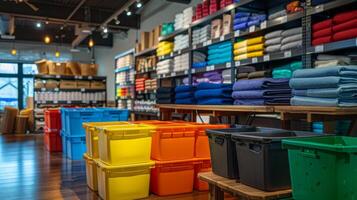 Brightly colored storage containers in yellow, orange, blue, and black are arranged alongside neatly stacked fabric rolls on shelves. Natural light floods the store, enhancing the vibrant displays. photo