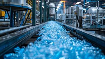 A conveyor belt filled with blue plastic bottles moves through a large recycling facility with various machines and containers visible in the background, showcasing the recycling process. photo