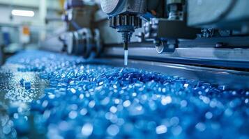 A machine is actively molding and processing blue plastic pellets in a busy factory setting. The bright lighting and organized workspace highlight efficient production. photo