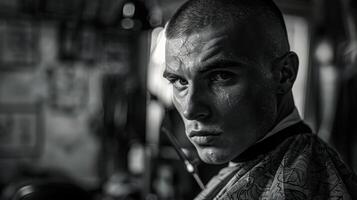 A barber with a sharp gaze stands confidently in a barbershop, readying tools for a precision haircut, conveying dedication and expertise in a creative environment. photo