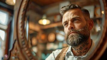 A man with a full beard and tattoos contemplates his grooming experience in an inviting barbershop filled with rustic decor and soft lighting. This cozy atmosphere offers a sense of nostalgia. photo