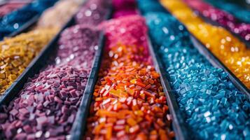 Various vibrant resin chunks are arranged neatly in trays, showcasing an array of colors including purple, blue, orange, and yellow in a well lit craft workshop photo