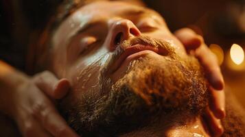 A man enjoys a soothing grooming experience as warm oils are applied to his beard. Soft lighting creates a calm atmosphere, enhancing relaxation. photo