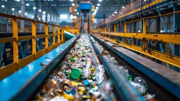 A conveyor belt filled with assorted recyclable materials moves through a large recycling facility, with bright light illuminating the workspace and sorting area in the background. photo