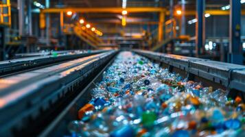 Conveyor belts transport plastic bottles in a recycling facility illuminated by bright lights. Workers efficiently sort and process materials for reprocessing during the evening shift. photo