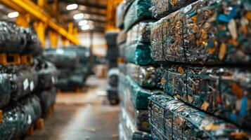 Bales of sorted and compressed recyclable materials are stacked in a large industrial facility, demonstrating operations focused on sustainability and efficient waste processing. photo