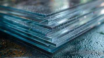 Multiple sheets of smooth glass lie stacked on top of one another, exhibiting droplets of water and reflections, showcasing a clean, modern aesthetic. photo