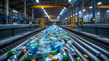 Discarded plastic bottles are scattered on a conveyor belt in a recycling facility, showcasing the process of sorting and preparing materials for recycling in a spacious environment. photo