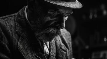 An artisan works meticulously in a dimly lit workshop, concentrating on intricate details. The warm atmosphere showcases the mastery of traditional craftsmanship as shadows play across aged surfaces. photo