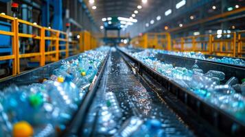 Conveyor belts transport a large number of colorful plastic bottles through a recycling facility, while workers manage the sorting and cleaning process in a spacious, well lit environment. photo