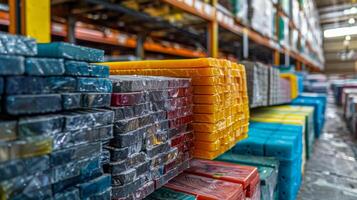 Sunlight filters through a warehouse, illuminating organized stacks of resin sheets in various colors, highlighting the neat arrangement on the shelves. photo