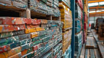 Sturdy wooden pallets are stacked up in a spacious warehouse, displaying vibrant layers of paint in various colors, highlighting their history and wear. photo