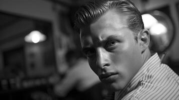 A young man with slicked back hair sits in an old fashioned bar, looking intensely to the side. The atmosphere is intimate, with dim lights and classic decor. photo