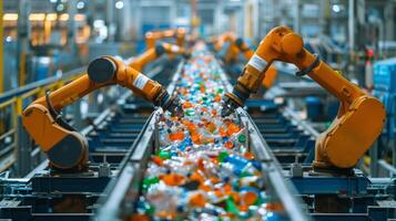 Advanced robotic arms efficiently sort plastic bottles on a conveyor belt in a recycling facility, showcasing modern technology working for environmental sustainability. photo
